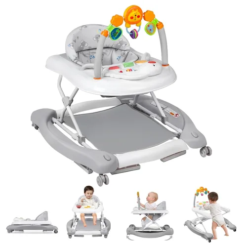 Miniatura 11 de Andador de bebé, 5 en 1 para niños y niñas de 6 a 12 meses, andadores plegables para bebés con gorila y bandeja de alimentación, música, alturas