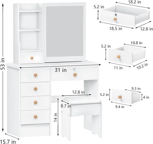 Miniatura 3 de Escritorio de tocador con espejo, tocador de maquillaje con silla, tocador, escritorio blanco con 6 cajones y estantes de almacenamiento, Tocadores