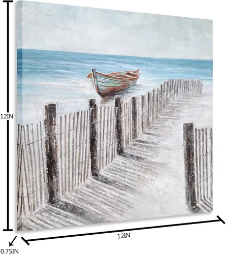 Miniatura 2 de Yihui Arts - Lienzo decorativo para pared de playa con diseño de bote azul y gris costero náutico cuadrado, pintura artística para decoración