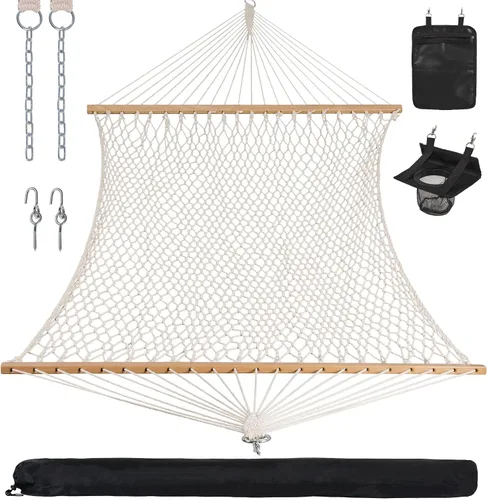 ANOW Hamaca doble de cuerda con barra separadora de madera dura y bolsa de transporte, capacidad de peso de 450 libras para dos personas, natural