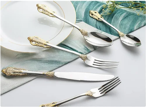 Miniatura 7 de IKXO Retro Royal - Juego de cubiertos de acero inoxidable de grado alimenticio con ribete chapado en oro para reuniones, bodas, fiestas de Navidad