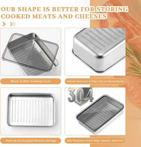 Miniatura 8 de Hushee Juego de 6 contenedores para tocino y queso para refrigerador, contenedor hermético de carne para delicatessen de acero inoxidable 304