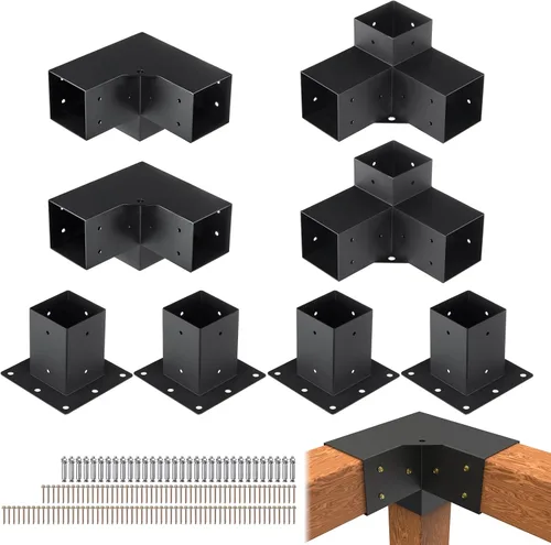 Miniatura 23 de Kit de pérgola VEVOR, soporte inclinado de 4 vías de 4x4 pulgadas para vigas de madera de 3.5x3.5 pulgadas en tamaño real, soporte de pérgola
