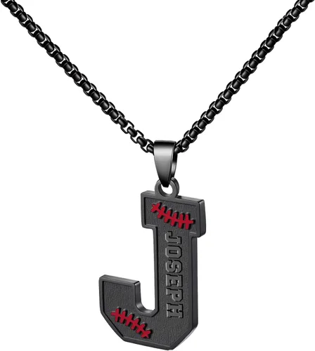 Miniatura 50 de Ldurian Collar personalizado con nombre de béisbol, cadena negra de acero inoxidable, collar con nombre deportivo, letra A-Z de 24 pulgadas, regalos