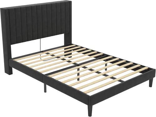 Miniatura 8 de VanAcc Base de cama tamaño Queen, plataforma tapizada de terciopelo con cabecera capitoné de canal, base de colchón con listones de madera,