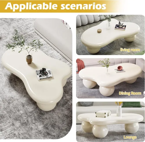 Miniatura 5 de Mesa de centro en forma de nube de 40 pulgadas, modernas mesas de centro ovaladas irregulares con 3 bases, mesa central color crema para dormitorio