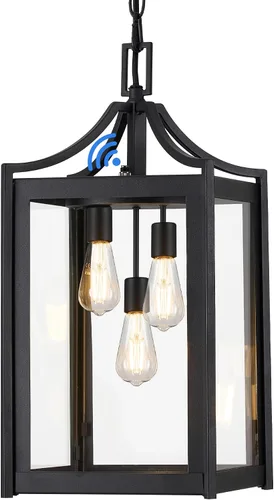 Miniatura 9 de Lámpara Colgante para Exteriores, 14" Luz Colgante Moderna Grande para Porche con Cadena Ajustable, Linterna Colgante Exterior Negra con Vidrio