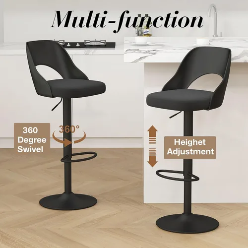 Miniatura 6 de HENGJIANYI Taburete de bar giratorio ajustable en altura con respaldo hueco, silla tapizada con base de metal negro, asiento negro