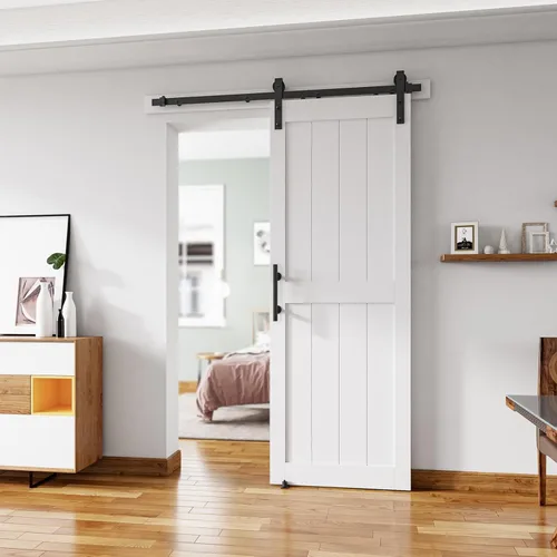 Miniatura 14 de Puerta corredera de granero de 28 x 84 pulgadas con kit de herrajes para puerta de granero de 5 pies, mango y guías de suelo, agujeros Blanco