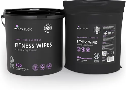 Wipex Toallitas de gimnasio para paquete de equipos, verificado por EWG, obtén 800 toallitas con (1) cubo de lavanda y (1) rollo de recarga a base