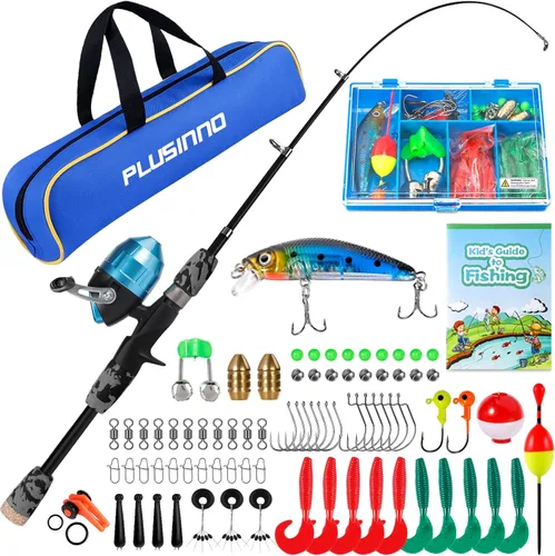 Miniatura 16 de PLUSINNO Caña de pescar para niños con carrete Spincast telescópica caña de pescar Combo kits completos para niños, niñas y adultos Rosa