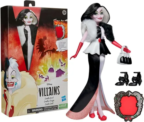 Disney Muñeca de moda Princess Villains Cruella De Vil, accesorios y ropa extraíble, juguete de villanos de Disney para niños de 5 años en adelante