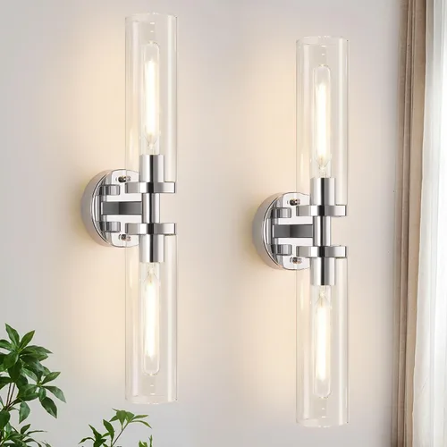 Miniatura 14 de Juego de 2 apliques de pared, apliques de baño de níquel cepillado cableados con vidrio transparente, apliques modernos para decoración de pared