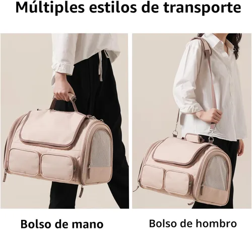 Miniatura 6 de Transportador FUKUMARU para gatos, transportador para perros pequeños con 4 ventanas de malla, bolsa de viaje para gatos con 4 bolsillos de Rosa