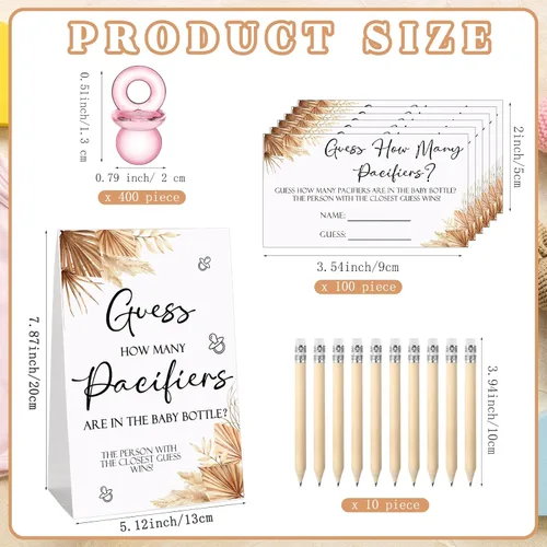 Miniatura 2 de Roowest 512 piezas de juegos de baby shower Adivina cuántos chupetes signo 100 pequeños juegos de adivinanzas, 10 lápices HB, botella de leche