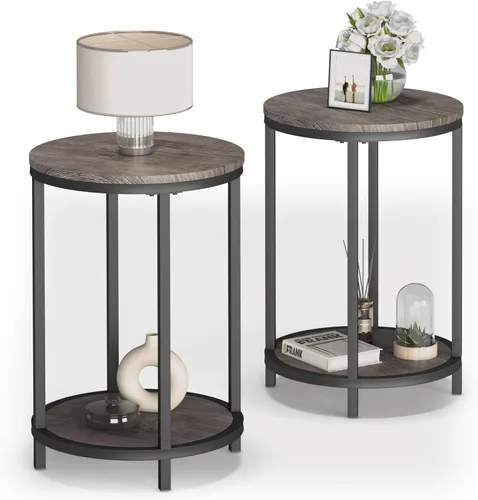 Miniatura 9 de NSdirect Mesa auxiliar redonda, mesa auxiliar de madera rústica de 16 pulgadas y patas de metal resistentes para sala de estar, dormitorio, mesa