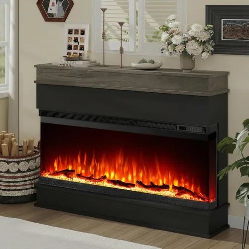 Inserto de chimenea eléctrica de vista de 3 lados, mantel minimalista, efecto de llama de 12 colores, calentador de 1500/750 W, control remoto, Negro