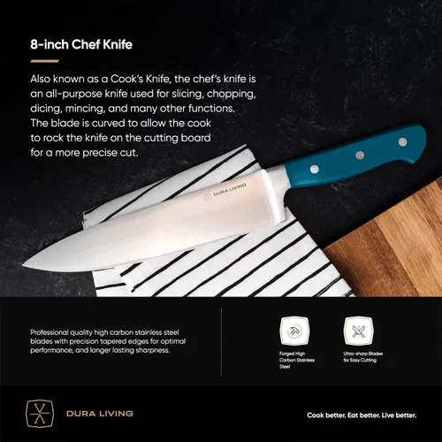 Miniatura 2 de DURA LIVING Cuchillo de chef profesional de 8 pulgadas, acero inoxidable de alto carbono, afilado para afeitar, versátil cuchillo de cocina y corte