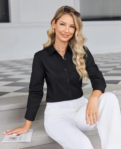 Miniatura 7 de siliteelon Camisa con botones para mujer: camisa de vestir con cuello de manga larga de algodón con botones, blusa de trabajo y oficina