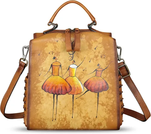 Bolso cruzado de cuero genuino para mujer, bolso cruzado pintado a mano, bolso cruzado con asa superior, mochila convertible hecha a mano
