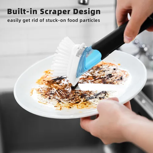 Miniatura 4 de SUBEKYU Cepillos para platos con dispensador de jabón, cepillos para fregar platos de cocina con asa, limpiadores de limpieza para platos, sartenes