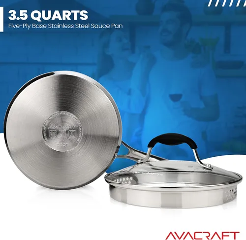 Miniatura 3 de AVACRAFT Cacerola de acero inoxidable con tapa coladora de vidrio, dos picos laterales para verter fácilmente con mango ergonómico, olla multiusos