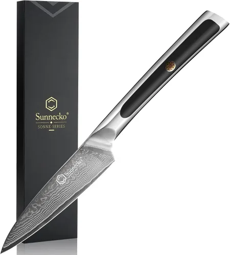 Sunnecko Cuchillo de pelar de 3.5 pulgadas, cuchillo para frutas con hoja de acero damasquino VG-10 de 67 capas, cuchillo pequeño para pelar con