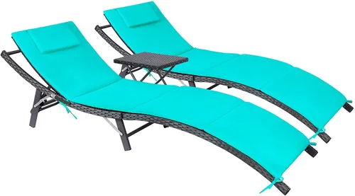 Devoko Juego de tumbonas para patio al aire libre de ratán con respaldo ajustable, 3 piezas acolchadas para patio plegable con mesa plegable (azul)