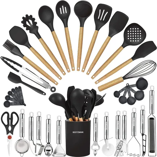Juego de utensilios de cocina - 35 piezas de utensilios de cocina con rallador, pinzas, cuchara, espátula y volteador hechos de silicona de grado