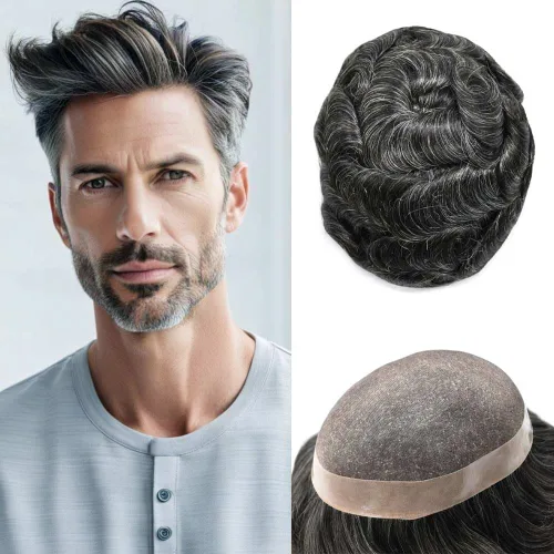 Miniatura 13 de Tupé para hombre, pieza de cabello humano real, monofilamento, tupé para hombres, postizos, unidades de sistema de reemplazo de cabello, gris