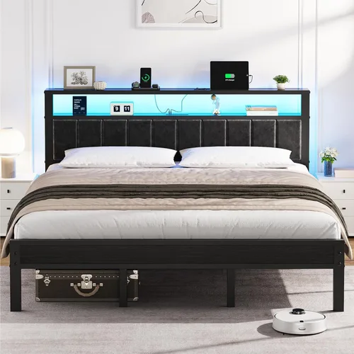 OLEVS Base de cama King con estación de carga y luces LED, cama de plataforma moderna con cabecera de almacenamiento tapizada, no necesita somier,
