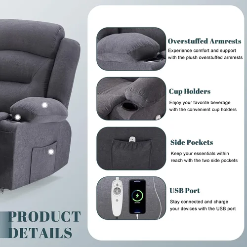 Miniatura 7 de Sofá reclinable extragrande con calor y masaje, sofá reclinable RV grande de 3 plazas para sala de estar, sofá reclinable de pared con portavasos