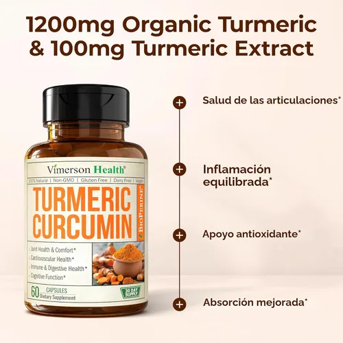 Miniatura 5 de Suplemento dietario a base de cúrcuma y curcumina con bioperine para aliviar del dolor en las articulaciones, con efecto antinflamatorio