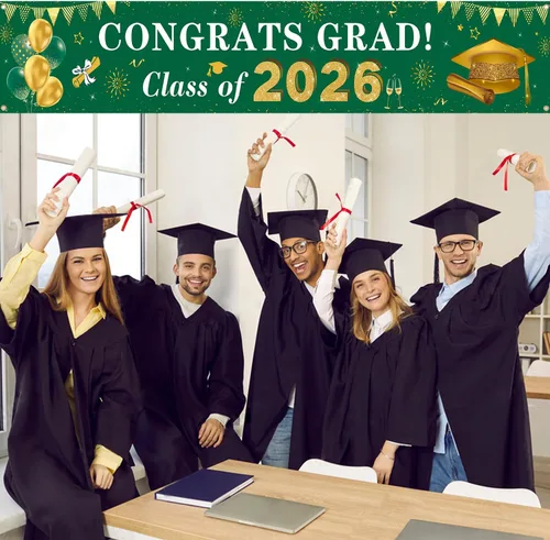 Miniatura 3 de Decoraciones de graduación 2026 Congrats Grad Class of 2026 - Cartel de graduación verde y dorado para patio, decoraciones colgantes para interiores