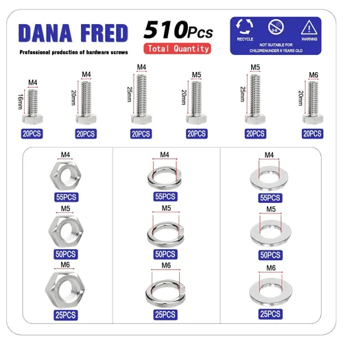 Miniatura 2 de Kit de 510 tornillos y tuercas M4 M5 M6 – Surtido de tornillos de cabeza hexagonal de acero inoxidable 304 con arandelas planas y de resorte, 15