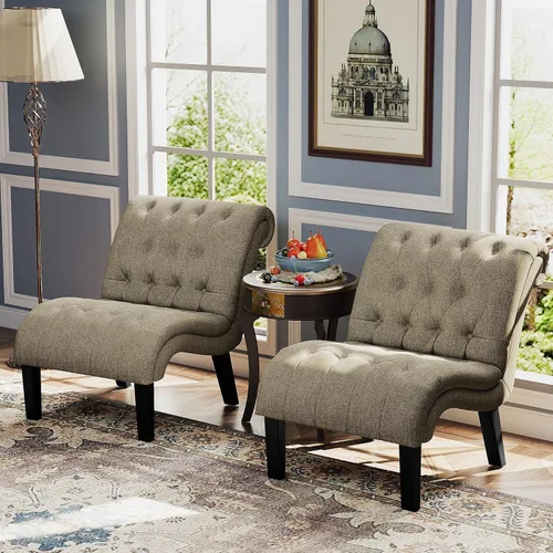 Miniatura 10 de Silla decorativa de piel sintética negra moderna con botones capitoné tapizada sin brazos para dormitorio, sala de estar con patas de madera