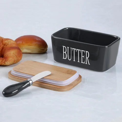 Miniatura 6 de Mantequillera de cerámica con tapa de madera, contenedor grande de mantequilla con esparcidor de cuchillo de acero inoxidable, cubierta de bambú