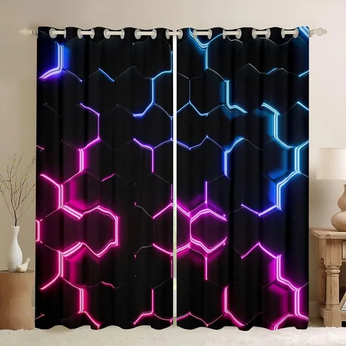 Miniatura 64 de Feelyou - Cortinas de ventana en forma de panal, tema geométrico hexagonal con luces de neón verdes, para chicos adolescentes y hombres, elegante