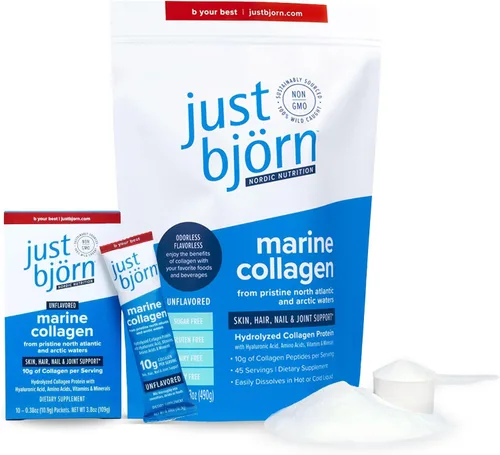 Just Bjorn Marine - Péptidos de colágeno en polvo On-The-Go Stick Packs (paquete de 10) + 45 bolsas para servir (17.3 onzas) – Soporte para piel,