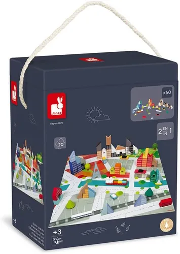 Miniatura 2 de Janod - 60 bloques Kubix de madera + rompecabezas de ciudad de cartón - 3 años + J08304