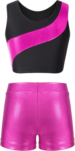 Miniatura 2 de Conjunto deportivo de 2 piezas para niñas, camiseta sin mangas brillante con pantalones cortos, para gimnasio, deportes, leotardo, entrenamiento