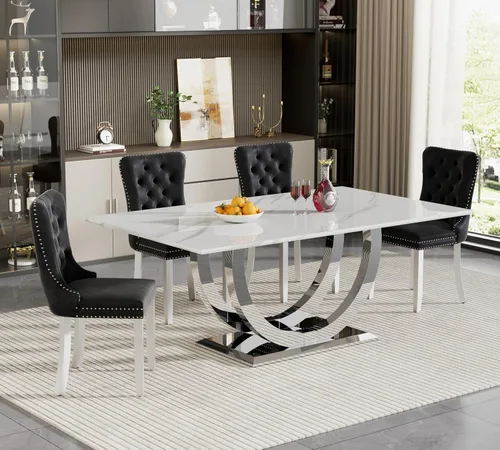 Miniatura 20 de HomVent Juego de mesa de comedor rectangular para 4, juego de mesa de cocina rectangular, juego de mesa de comedor de mármol sintético, juego
