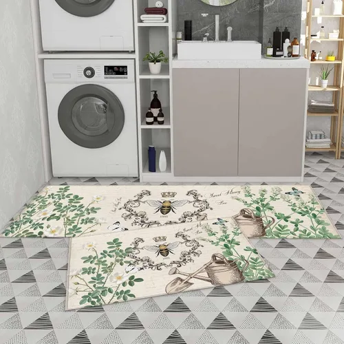 Miniatura 9 de T&H XHome Juego de 2 alfombras de cocina, diseño vintage de abejas de miel, girasol, antideslizantes, parte trasera de goma, tapetes acolchados