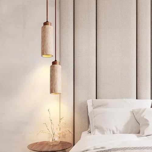 Miniatura 2 de Bedroom Bedside Mini Travertine Pendant Lights, Nordic Natural Stone Shade Ceiling Hanging Lighting with E27/E26 Sockets, 59 in Adjustable Height