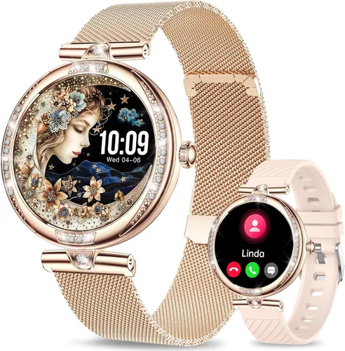 Relojes inteligentes para mujer (llamada/respuesta de llamada) con diamante: rastreador de fitness AMOLED de 1.1 pulgadas para frecuencia cardíaca,