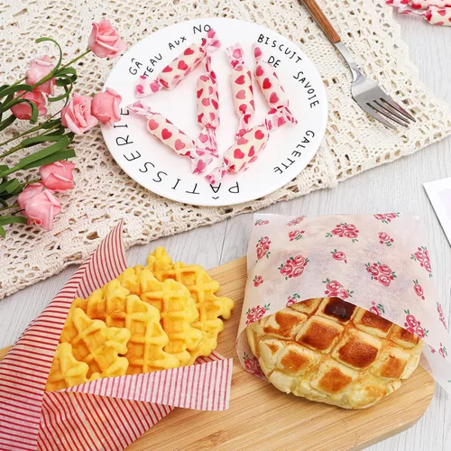 Miniatura 5 de Whaline 150 hojas de papel de cera para el día de San Valentín, diseño de corazón rosa a rayas rosadas, papel de pícnic, a prueba de grasa