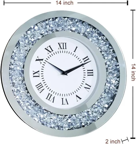 Miniatura 2 de Reloj de pared grande con espejo plateado brillante brillante brillante con diamantes para decoración de pared, espejo de cristal plateado
