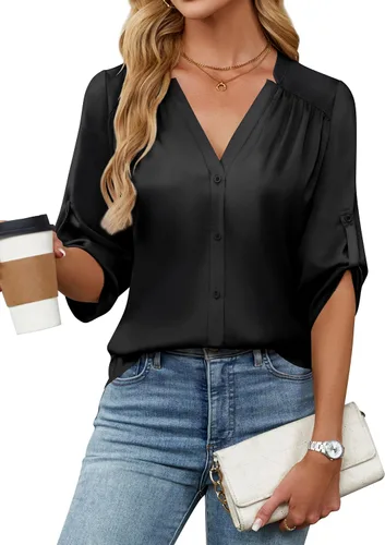 Miniatura 22 de Blooming Jelly Camisas con botones para mujer de manga 3/4, tops casuales elegantes, blusas de negocios de satén de seda plisado 2025