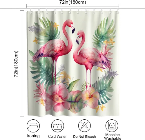 Miniatura 4 de Cortina de ducha con diseño de flamenco, diseño de animales románticos, hojas de palmera tropicales, verde salvia, floral, diseño natural, acuarela