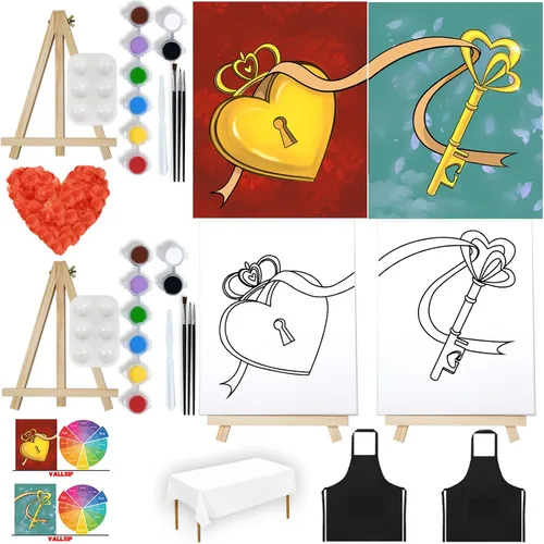 Miniatura 7 de VALLSIP Paquete de 2 Kit de Pintura y Bebida con Lienzo Pre-dibujado para Pintar para Adultos Lienzo Estirado Juegos de Parejas Noche de Cita